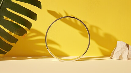 White and gold cylindrical scenes on a white table on a yellow background with a shadow of palm leaves. Premium podium for advertising product. Empty showcase for eco cosmetic product presentation.