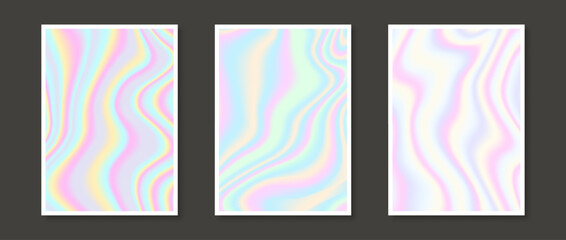 Set of holographic backgrounds. Rainbow fluid gradient wallpaper collection for card, brochure, flyer, poster, banner. Foil iridescent liquid backdrop bundles. Vector pastel templates pack