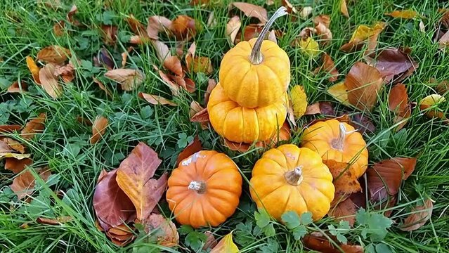 Lots of miniature pumpkins piled on grassy garden lawn surrounded by colourful autumn leaves