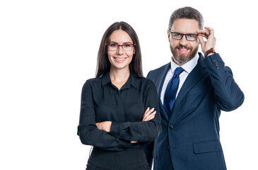 Successful and confident businesspeople in suit. Business man and woman in glasses. Businesspeople look through eyeglasses. Business vision and eyesight. Vision of success. Copy space