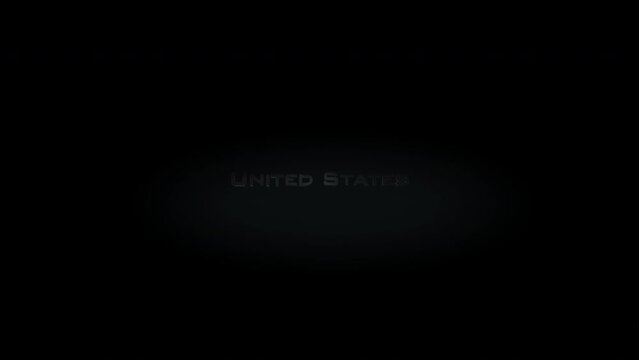 United States 3D title word made with metal animation text on transparent black