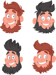 Set of 4 faces of fat bearded cheerful men. Cartoon style