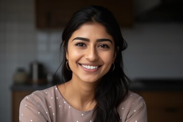 Smiling beautiful young woman sitting at her home kitchen looking at the camera - obrazy, fototapety, plakaty