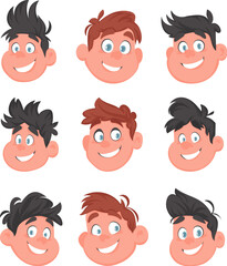 Big Set of faces of fat, cute and cheerful guys and men. Cartoon style