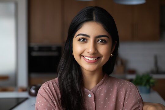 Smiling beautiful young woman sitting at her home kitchen looking at the camera