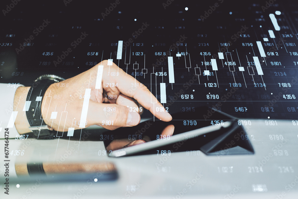 Poster Abstract creative stats data concept with finger clicks on a digital tablet on background. Multiexposure