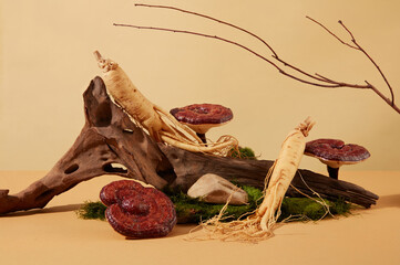 The dried tree log is decorated with lingzhi mushrooms, ginseng and moss on a minimalist background. The old forest scene is simulated. Healthcare concept with precious herbs.
