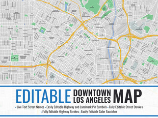 Editable Los Angeles Downtown Map - obrazy, fototapety, plakaty