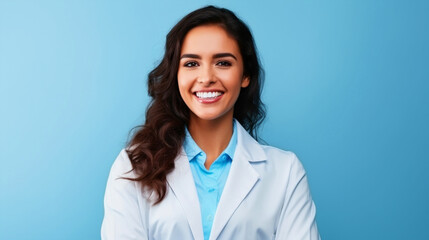Smiling female doctor standing in front of blue isolated background - ai generative
