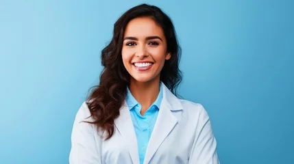 Fotobehang Smiling female doctor standing in front of blue isolated background - ai generative © DesiArt