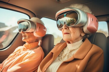 Senior Ladies in Self Driving Car in the Future Artificial Intelligence Concept Futuristic Advanced...