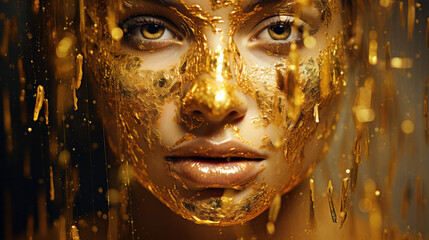 portrait of a person in liquid gold, face covers with liquid glittering gold - obrazy, fototapety, plakaty