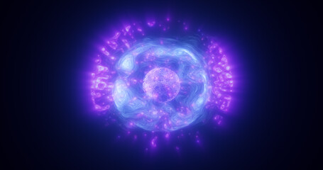 Abstract blue purple energy glowing digital sphere atom made of iridescent energy from moving electric plasma liquid on black background