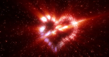 Abstract red love heart made of small bright glowing particles of energy festive background for Valentine's day