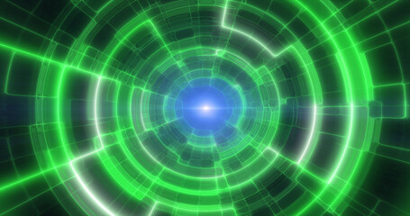 Green energy tunnel with glowing bright electric magic lines scientific futuristic hi-tech abstract background