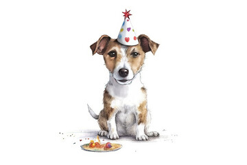 Funny dog with birthday cake and hat.