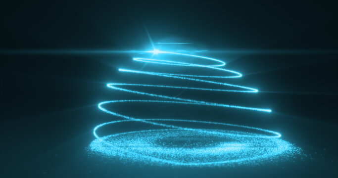Abstract bright blue flying line of dots and luminous particles of energetic magical bright spirals in the shape of a Christmas New Year tree