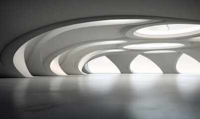 3D render of an abstract, futuristic interior architecture. It features a series of smooth, white, curved arches and ribs that create an expansive, wave-like ceiling structure. The design boasts large
