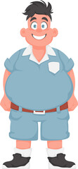 Fat man posing and smiling. Overweight guy is cute, body positivity theme. Cartoon style