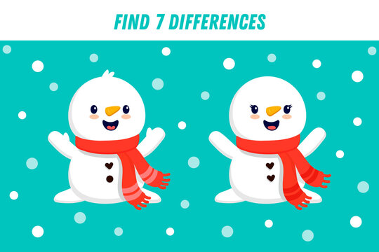 Find 7 differences between two pictures of cute snowman in scarf. Cute snowman in flat style. Activity page. Christmas game. 
