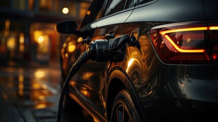 Electric car charging station in a large modern city. The electric car is charged with a fast charger inserted into the car's tank. Environmentally friendly transport and green energy