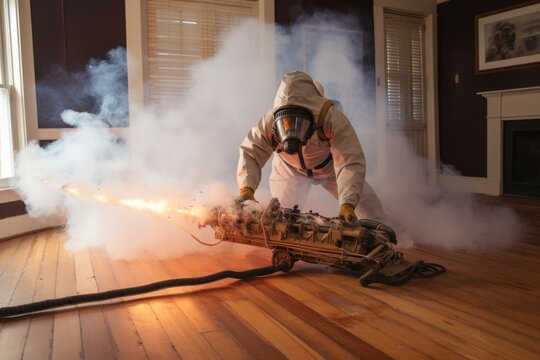 A disinfectant man against insects and bedbugs in a jumpsuit disinfects an apartment with a chemical substance and smoke. Wooden floor