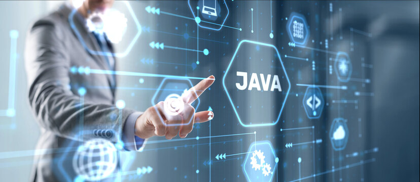 Businessman clicks Java programming language application concept on virtual screen