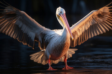 Fototapeta na wymiar Witness the breathtaking scene of a magnificent pelican gliding across a placid body of water.