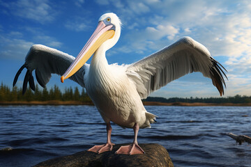 Fototapeta na wymiar Witness the breathtaking scene of a magnificent pelican gliding across a placid body of water.