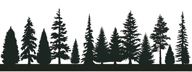 Pine Trees Silhouettes.Evergreen coniferous forest soil