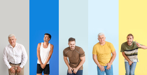 Collage of men with urological disease on color background. Prostate concept - obrazy, fototapety, plakaty