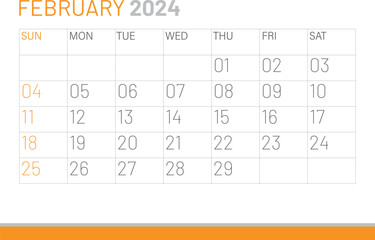 Calendar February 2024, corporate design template vector. Desk calendar 2024