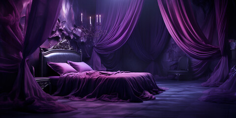   A Lavish Luxurious Bed with a Gorgeous Purple Sheet in Your Dream Bedroom A cozy Luxurious Bed with a purple sheet in a dream bedroom  AI Generative 