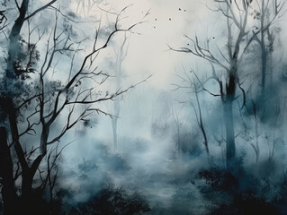 Forest Trees in Fog, Watercolor. Foggy nature landscape. Misty Dark Forest