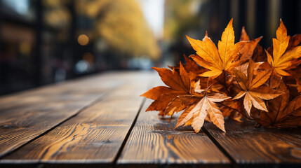 Naklejka na ściany i meble autumn leaves on wooden background HD 8K wallpaper Stock Photographic Image 