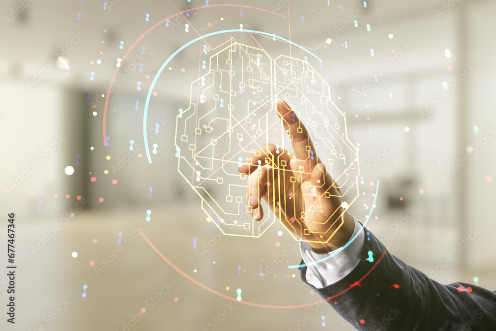 Wall mural double exposure of man hand presses on creative artificial intelligence interface on blurred office 