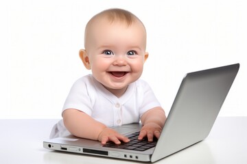Happy smiling baby boy typing laptop