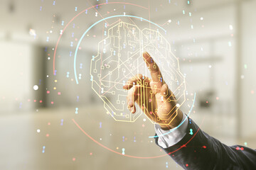 Double exposure of man hand presses on creative artificial Intelligence interface on blurred office background. Neural networks and machine learning concept