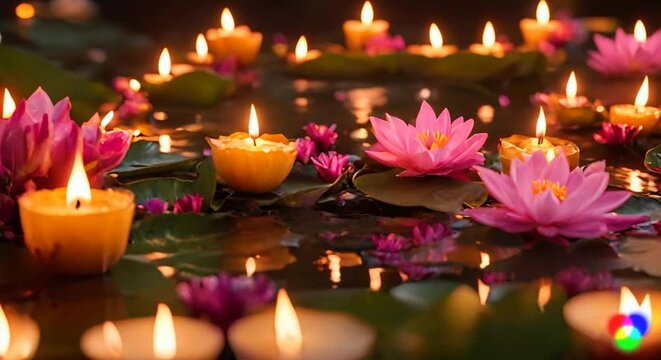 a Loy Krathong banner background with a close-up view of a beautifully decorated krathong floating on the water.