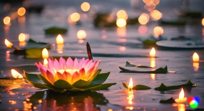 a Loy Krathong banner background with a close-up view of a beautifully decorated krathong floating on the water.