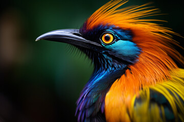 A remarkably colored bird perched elegantly on a solid branch amid a vivid and verdant scene. The generative AI uses a stunning spectrum of colors that catch the sunshine to vividly depict the fine fe