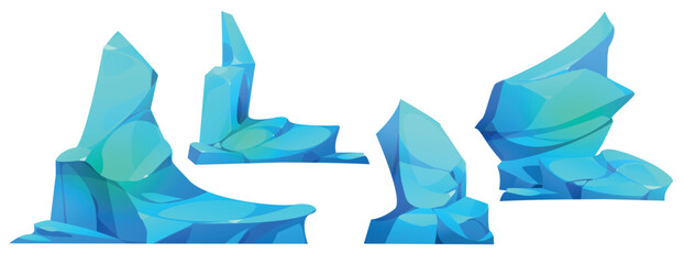 Ice blocks set isolated on white background. Vector cartoon illustration of blue iceberg pieces, north pole glacier, cold ocean floes, crystals of frozen water, winter game landscape design elements © klyaksun