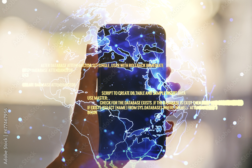 Poster double exposure of abstract programming language hologram with world map and hand with cell phone on
