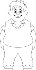 Black and white line art, Fat man posing and smiling. Overweight guy is cute, body positivity theme. Coloring style