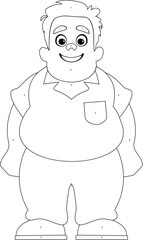 Black and white line art, Fat man posing and smiling. Overweight guy is cute, body positivity theme. Coloring style