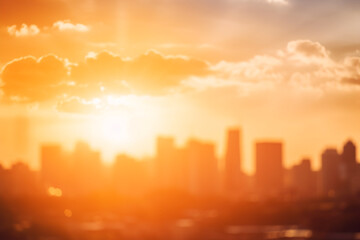 Fototapeta premium Landscape, urban, cityscape background. Hot summer sun illumination of urban city landscape. Yellow colored and blurred city scene during hot summer day. Abstract background with copy space