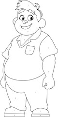 Black and white line art, Fat man posing and smiling. Overweight guy is cute, body positivity theme. Coloring style