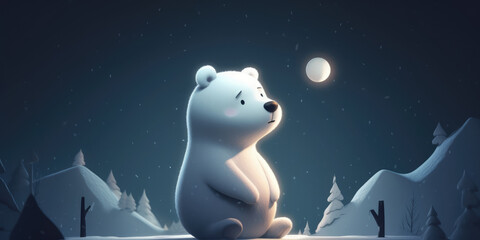 Obraz na płótnie Canvas Cute White Polar bear in the winter snowy forest at night with full moon. Illustration in Cartoon Style