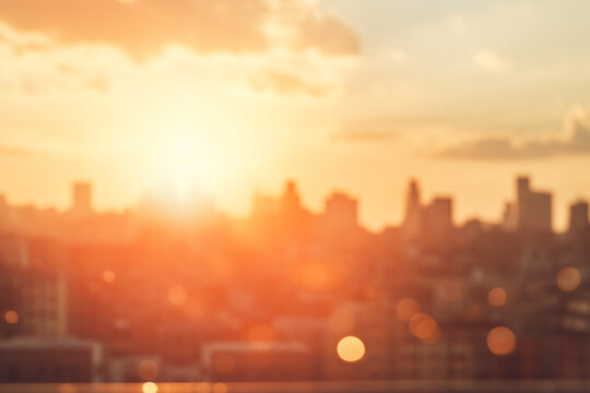 Landscape, urban, cityscape background. Hot summer sun illumination of urban city landscape. Yellow colored and blurred city scene during hot summer day. Abstract background with copy space