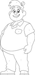 Black and white line art, Fat man posing and smiling. Overweight guy is cute, body positivity theme. Coloring style